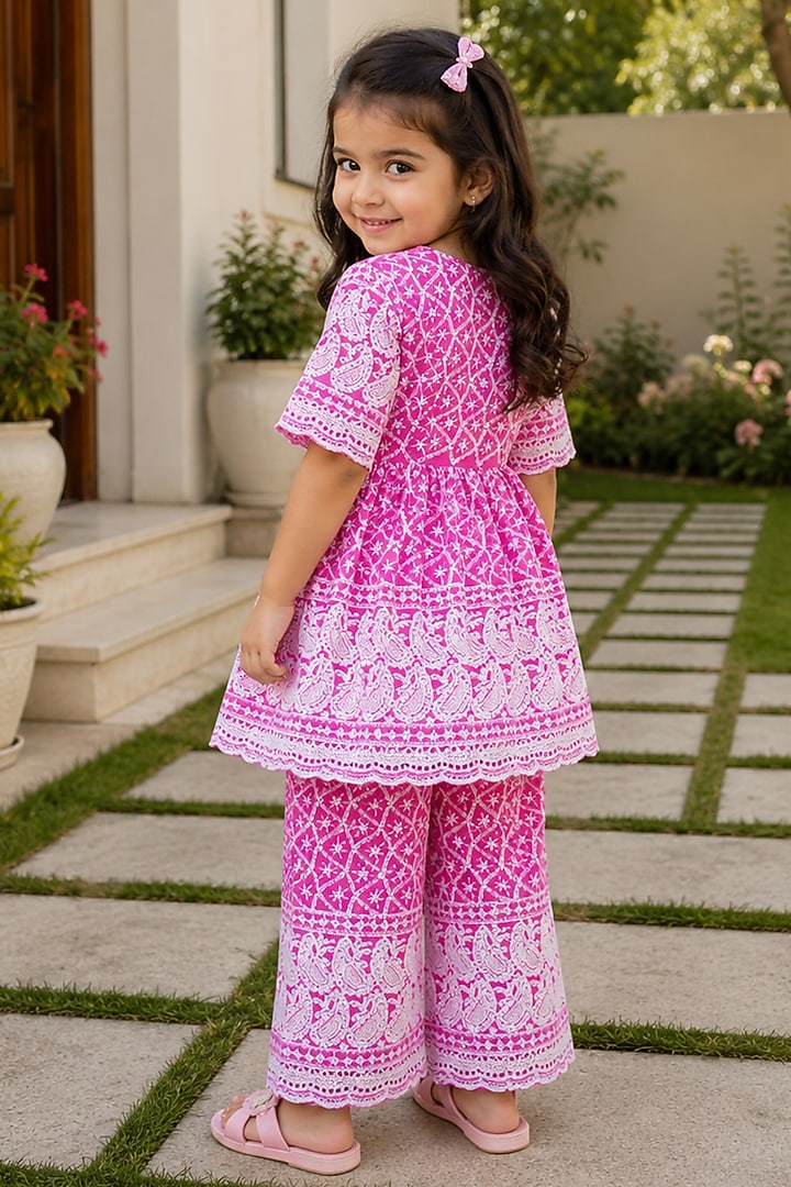 Pink Cotton Chikankari Embroidered Sharara Set For Girls by House Of Jamoti Kids at Pernia's Pop Up Shop