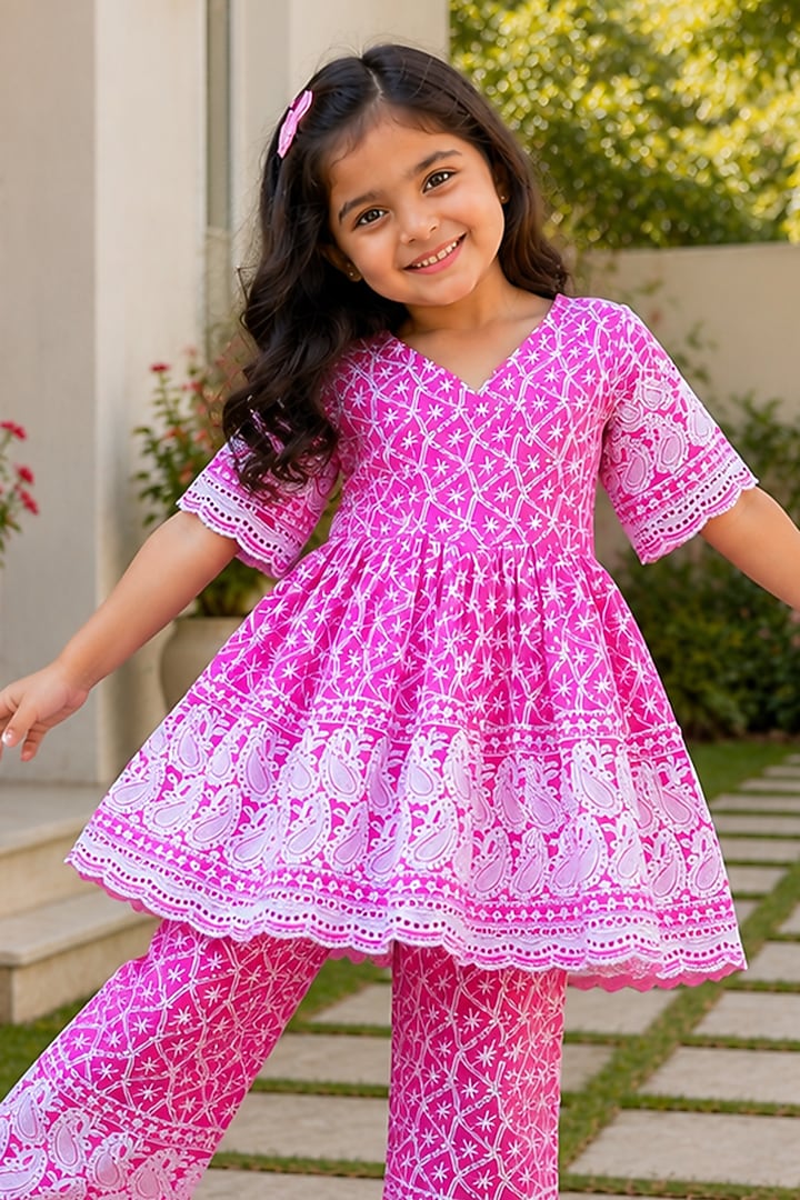 Pink Cotton Chikankari Embroidered Sharara Set For Girls by House Of Jamoti Kids at Pernia's Pop Up Shop