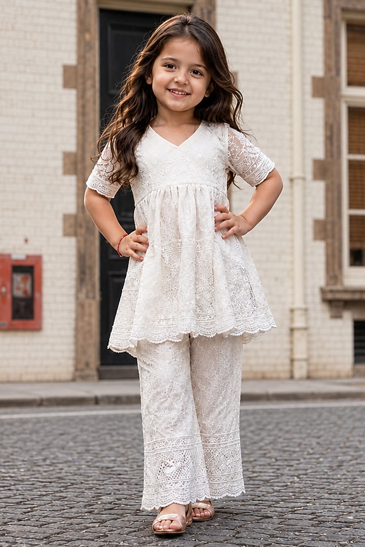 White Cotton Chikankari Embroidered Sharara Set For Girls by House Of Jamoti Kids at Pernia's Pop Up Shop