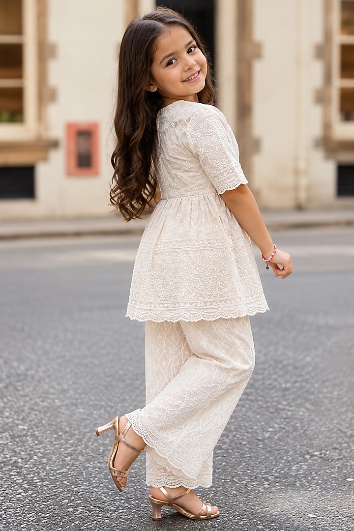 White Cotton Chikankari Embroidered Sharara Set For Girls by House Of Jamoti Kids at Pernia's Pop Up Shop