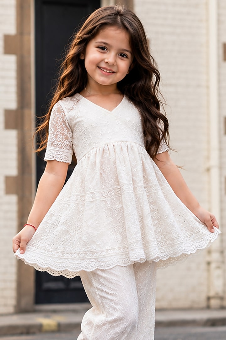 White Cotton Chikankari Embroidered Sharara Set For Girls by House Of Jamoti Kids at Pernia's Pop Up Shop