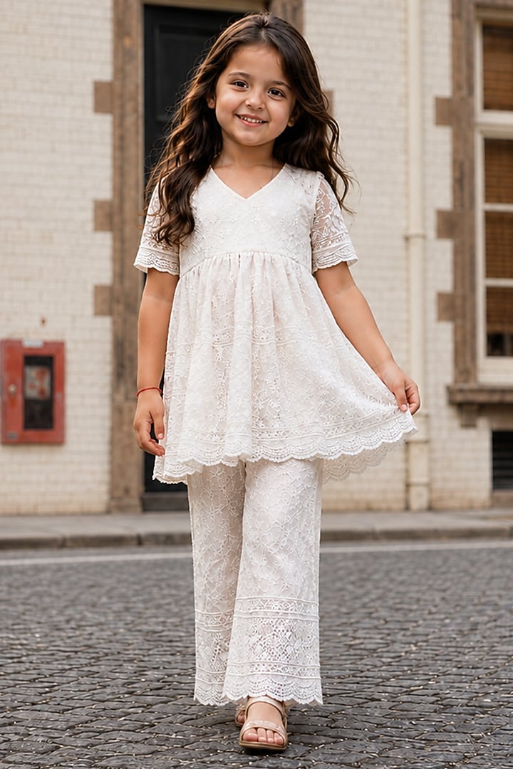 White Cotton Chikankari Embroidered Sharara Set For Girls by House Of Jamoti Kids at Pernia's Pop Up Shop