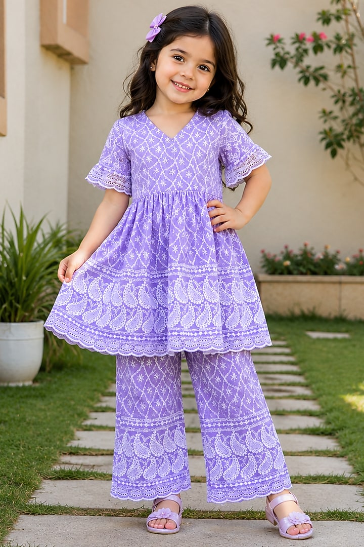Lilac Cotton Chikankari Embroidered Sharara Set For Girls by House Of Jamoti Kids at Pernia's Pop Up Shop