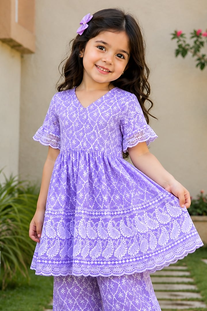 Lilac Cotton Chikankari Embroidered Sharara Set For Girls by House Of Jamoti Kids at Pernia's Pop Up Shop