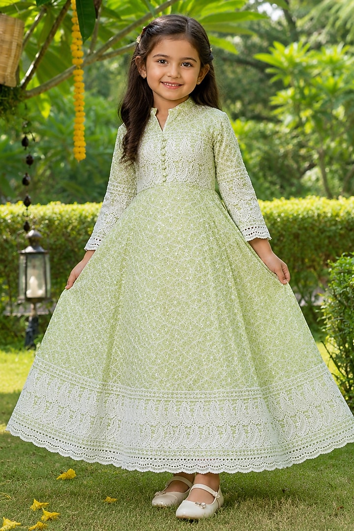 Tea Green Cotton Chikankari Work Anarkali Set For Girls by House Of Jamoti Kids at Pernia's Pop Up Shop