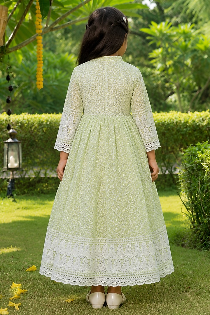 Tea Green Cotton Chikankari Work Anarkali Set For Girls by House Of Jamoti Kids at Pernia's Pop Up Shop