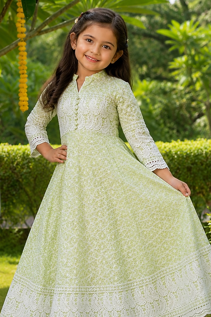 Tea Green Cotton Chikankari Work Anarkali Set For Girls by House Of Jamoti Kids at Pernia's Pop Up Shop