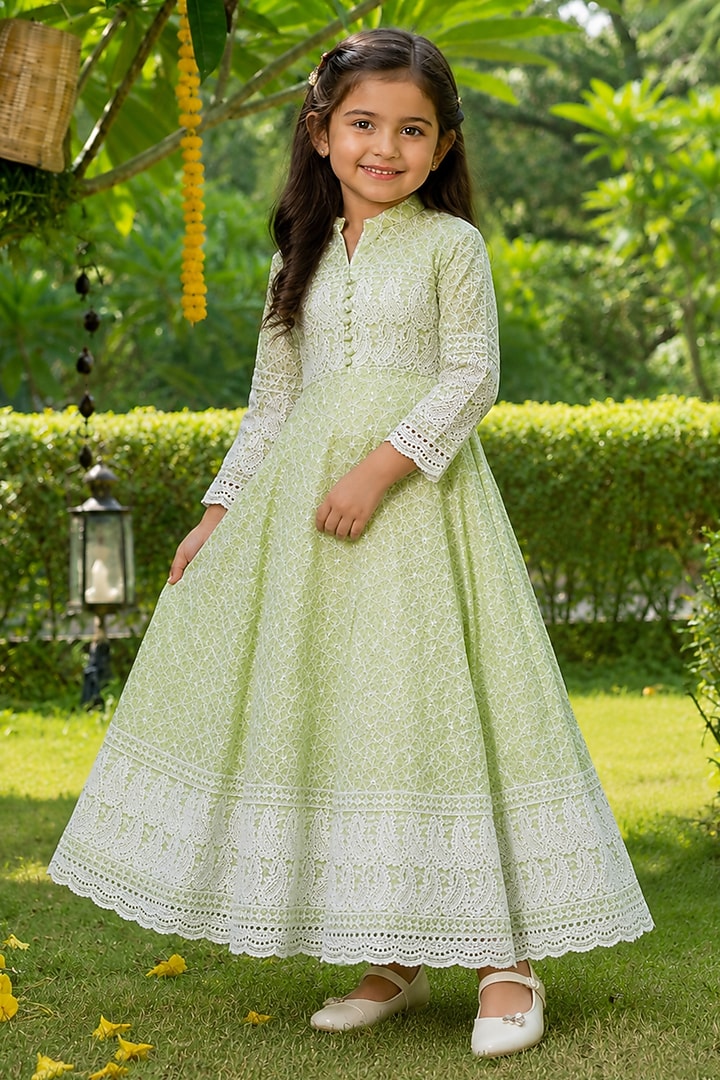 Tea Green Cotton Chikankari Work Anarkali Set For Girls by House Of Jamoti Kids at Pernia's Pop Up Shop