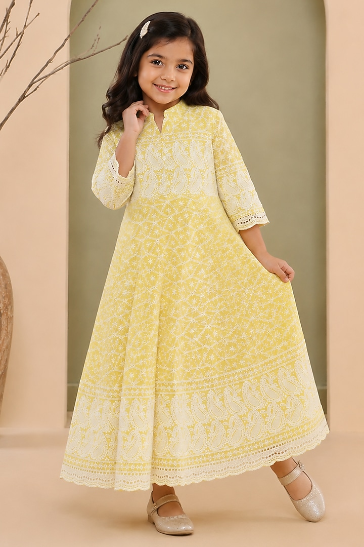 Lemon Cotton & Chikankari Anarkali Set For Girls by House Of Jamoti Kids at Pernia's Pop Up Shop
