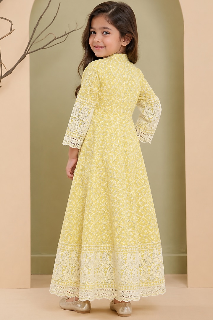 Lemon Cotton & Chikankari Anarkali Set For Girls by House Of Jamoti Kids at Pernia's Pop Up Shop
