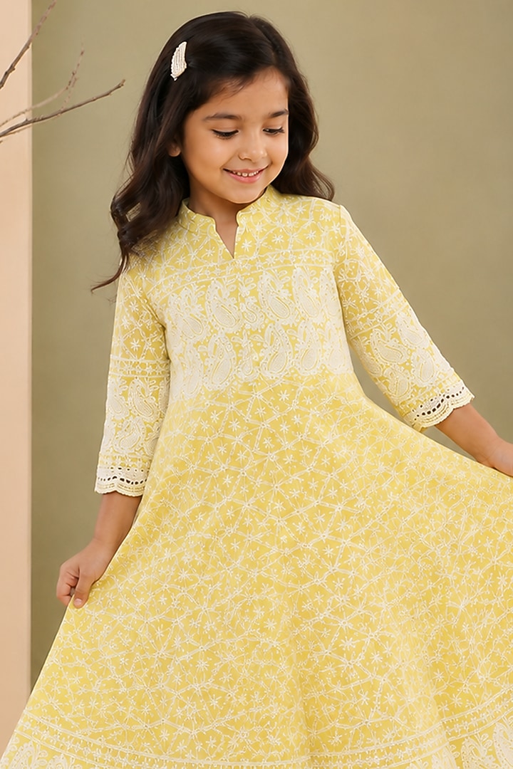Lemon Cotton & Chikankari Anarkali Set For Girls by House Of Jamoti Kids at Pernia's Pop Up Shop