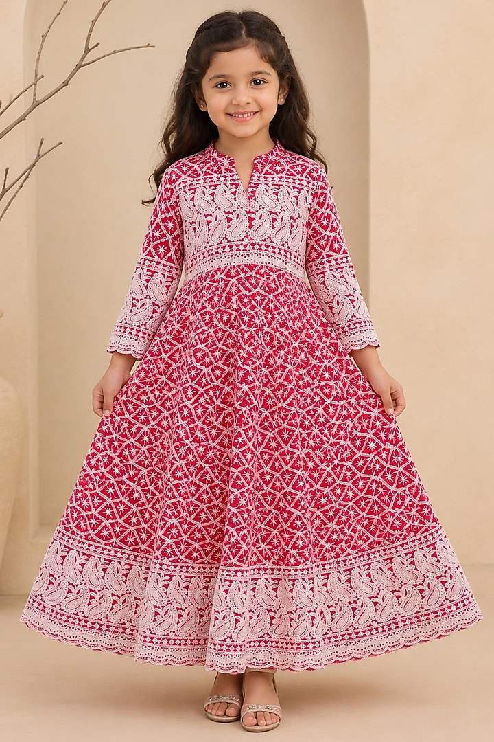 Rose Red Cotton & Chikankari Anarkali Set For Girls by House Of Jamoti Kids at Pernia's Pop Up Shop