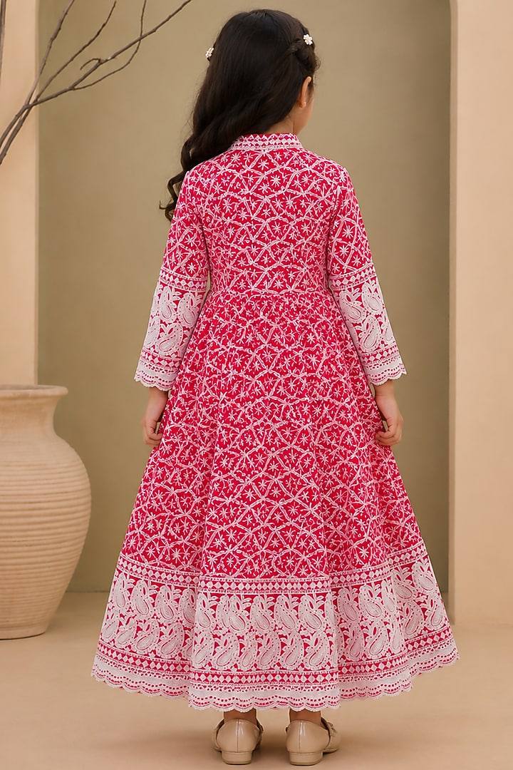 Rose Red Cotton & Chikankari Anarkali Set For Girls by House Of Jamoti Kids at Pernia's Pop Up Shop