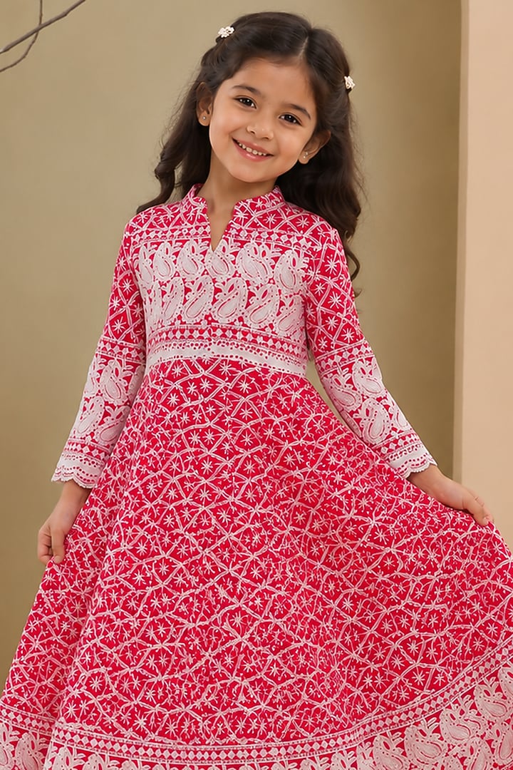 Rose Red Cotton & Chikankari Anarkali Set For Girls by House Of Jamoti Kids at Pernia's Pop Up Shop