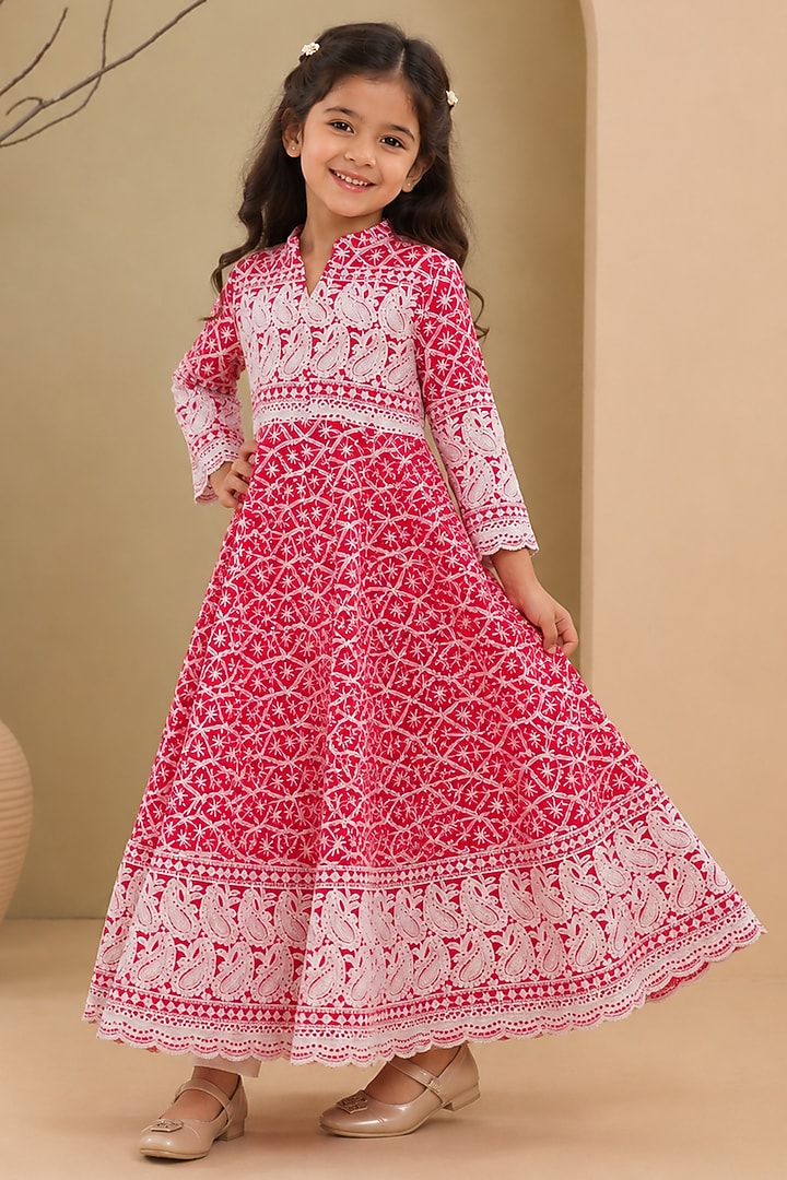 Rose Red Cotton & Chikankari Anarkali Set For Girls by House Of Jamoti Kids at Pernia's Pop Up Shop