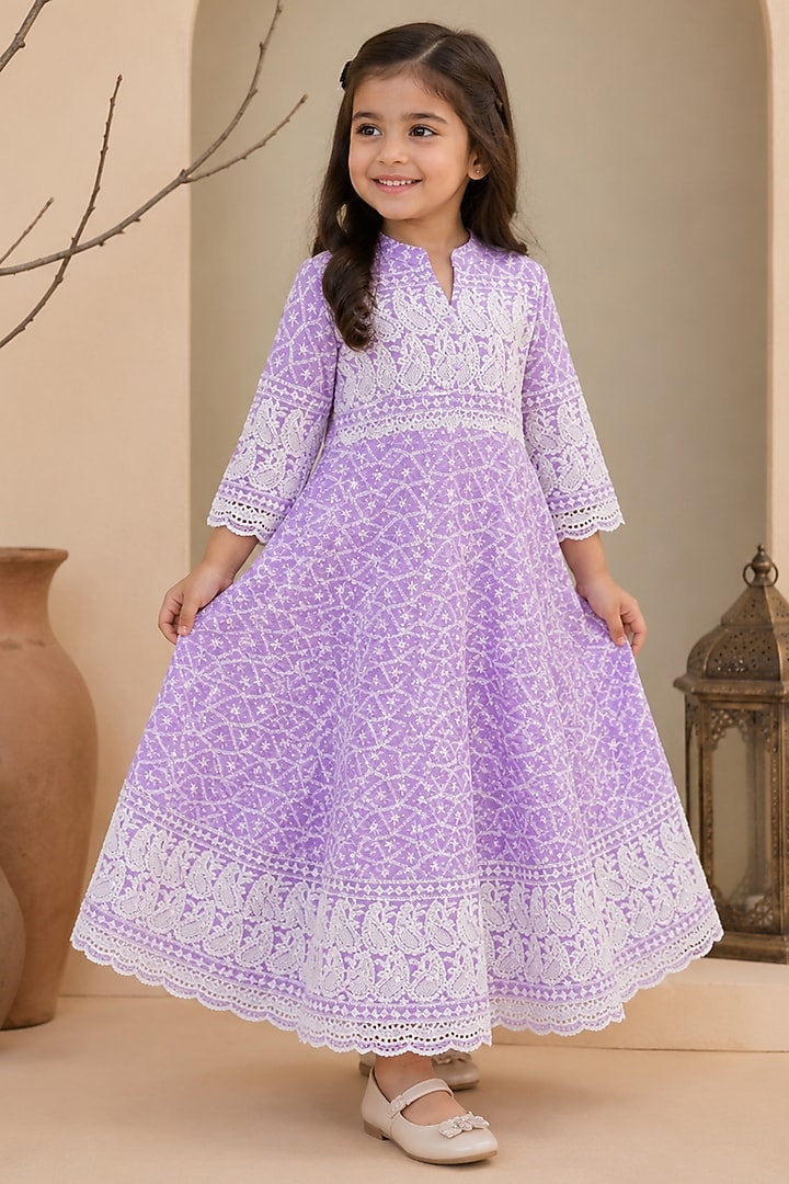 Lilac Cotton & Chikankari Anarkali Set For Girls by House Of Jamoti Kids at Pernia's Pop Up Shop