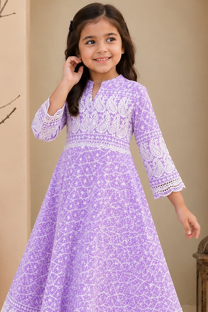 Lilac Cotton & Chikankari Anarkali Set For Girls by House Of Jamoti Kids at Pernia's Pop Up Shop