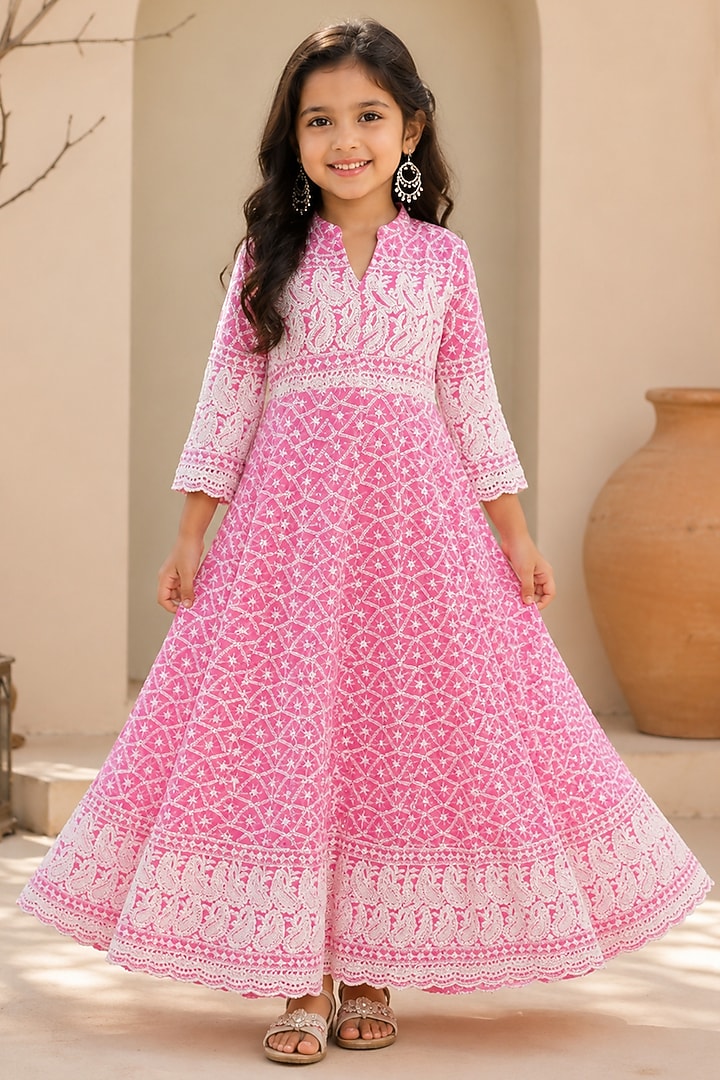 Pink Cotton & Chikankari Anarkali Set For Girls by House Of Jamoti Kids at Pernia's Pop Up Shop