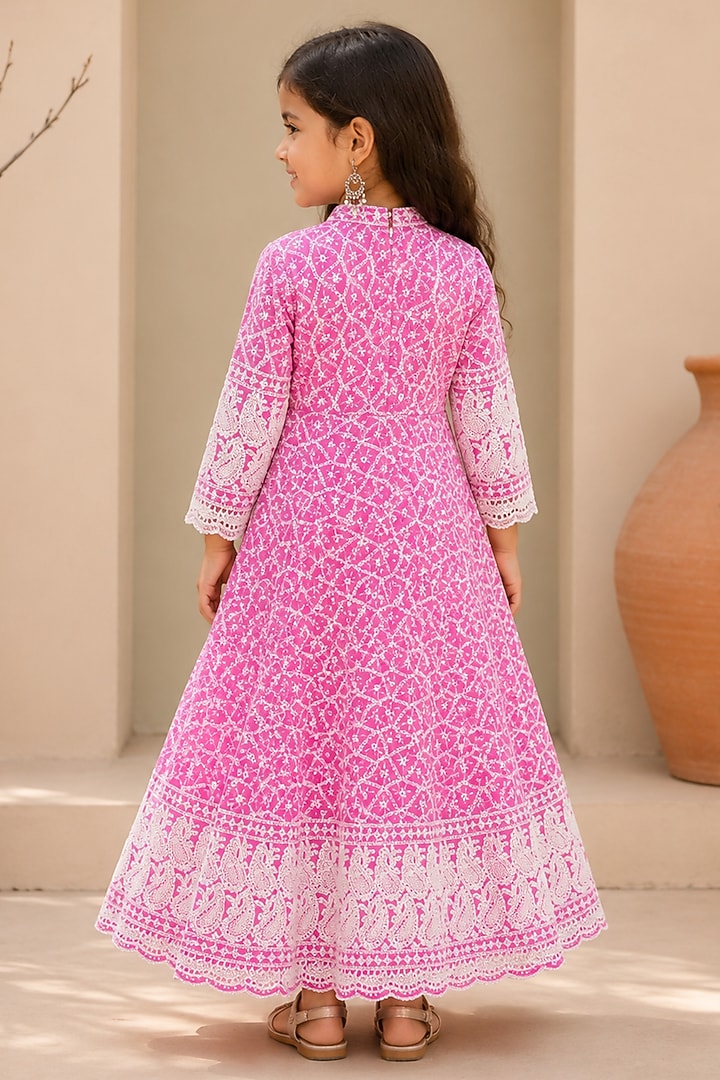 Pink Cotton & Chikankari Anarkali Set For Girls by House Of Jamoti Kids at Pernia's Pop Up Shop
