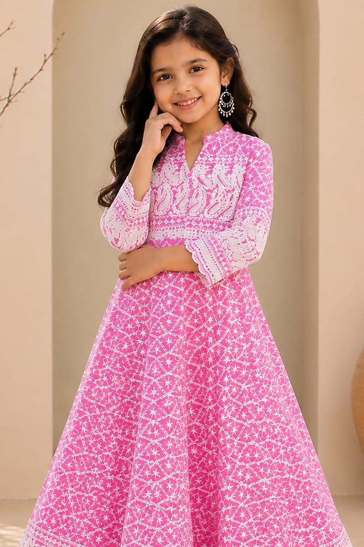 Pink Cotton & Chikankari Anarkali Set For Girls by House Of Jamoti Kids at Pernia's Pop Up Shop