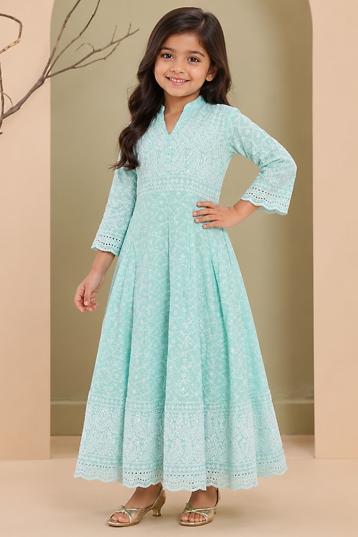 Ice Blue Cotton & Chikankari Anarkali Set For Girls by House Of Jamoti Kids at Pernia's Pop Up Shop