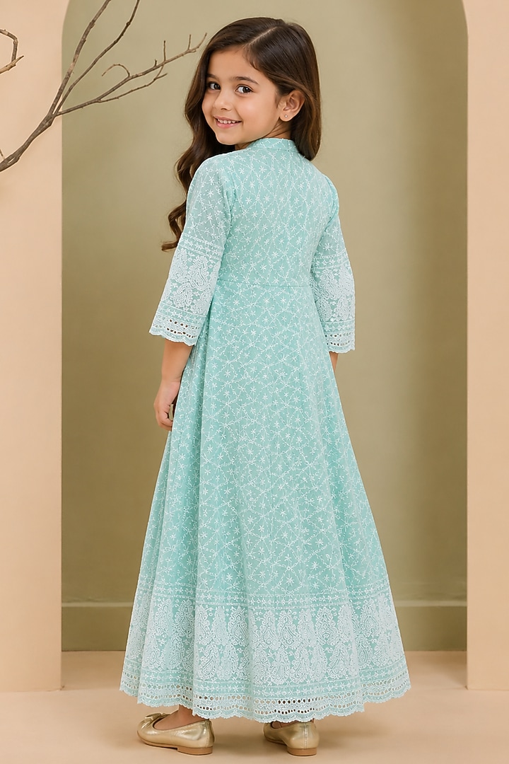 Ice Blue Cotton & Chikankari Anarkali Set For Girls by House Of Jamoti Kids at Pernia's Pop Up Shop