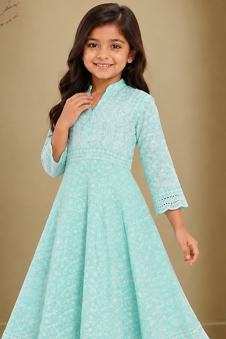 Ice Blue Cotton & Chikankari Anarkali Set For Girls by House Of Jamoti Kids at Pernia's Pop Up Shop