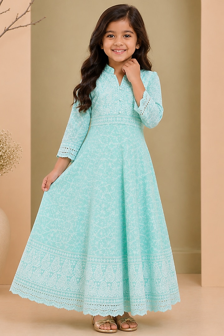 Ice Blue Cotton & Chikankari Anarkali Set For Girls by House Of Jamoti Kids at Pernia's Pop Up Shop