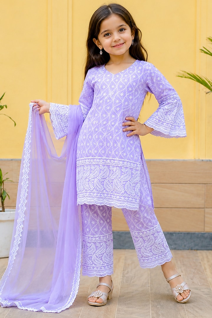 Lilac Cotton Chikankari Kurta Set For Girls by House Of Jamoti Kids at Pernia's Pop Up Shop