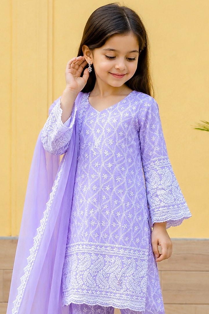 Lilac Cotton Chikankari Kurta Set For Girls by House Of Jamoti Kids at Pernia's Pop Up Shop