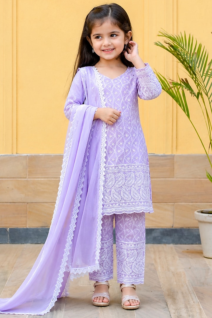 Lilac Cotton Chikankari Kurta Set For Girls by House Of Jamoti Kids at Pernia's Pop Up Shop