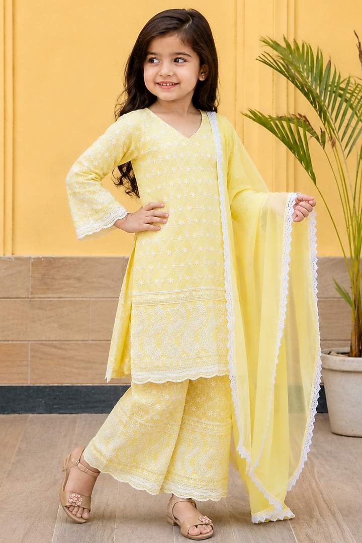 Lemon Cotton Chikankari Kurta Set For Girls by House Of Jamoti Kids at Pernia's Pop Up Shop
