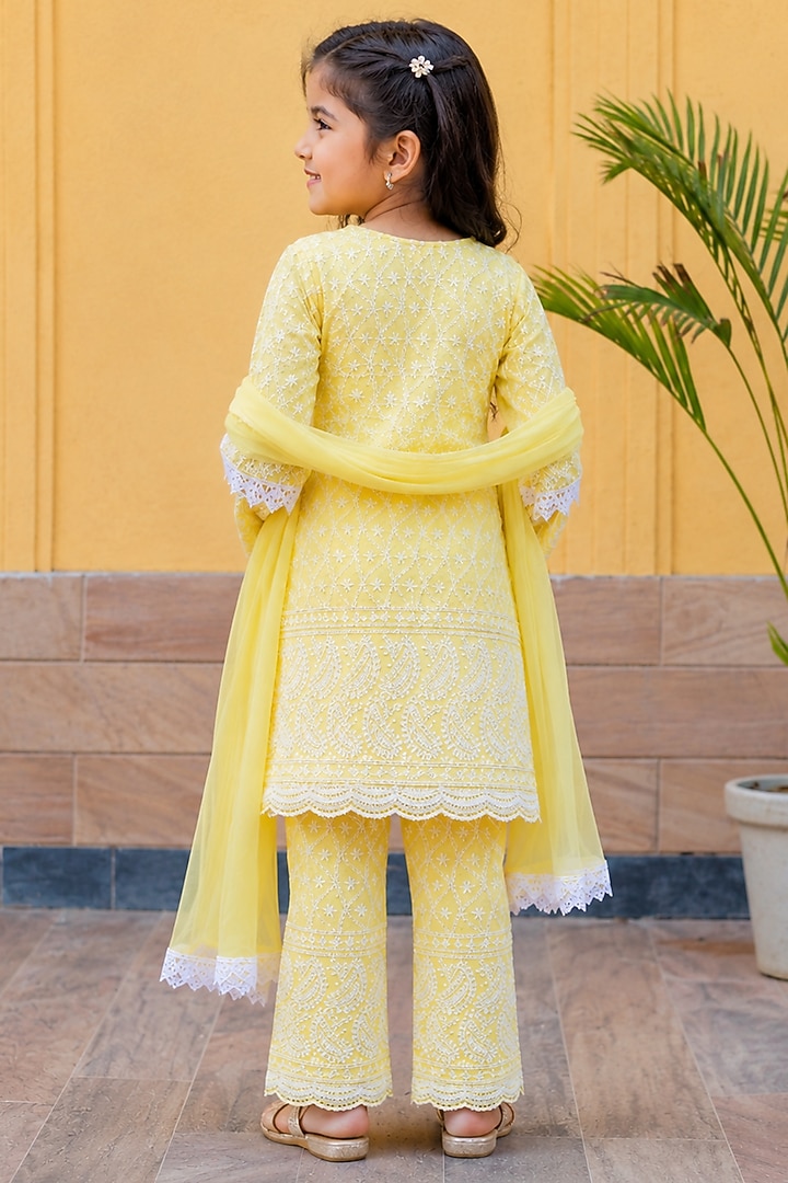 Lemon Cotton Chikankari Kurta Set For Girls by House Of Jamoti Kids at Pernia's Pop Up Shop