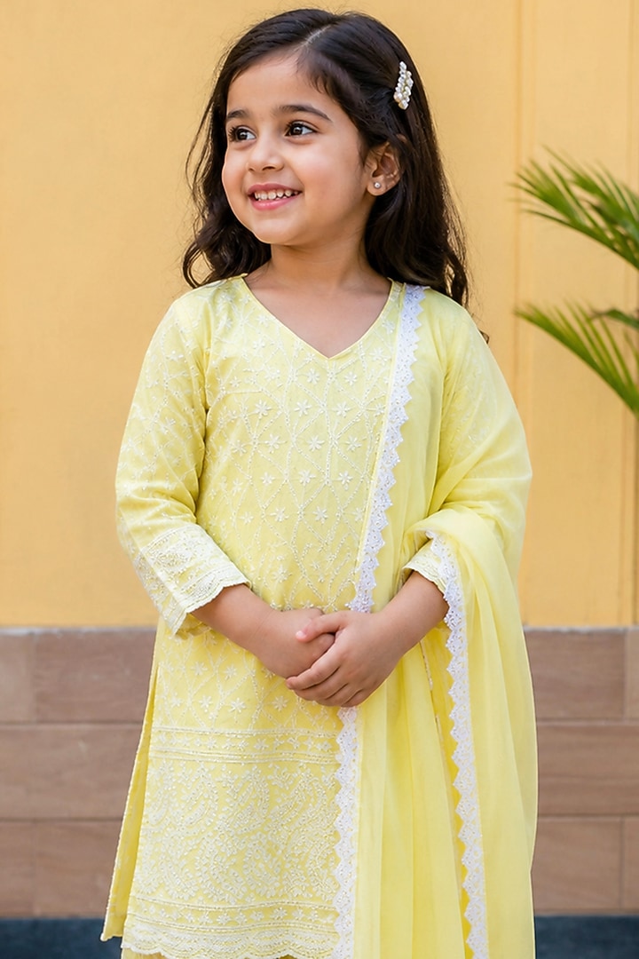 Lemon Cotton Chikankari Kurta Set For Girls by House Of Jamoti Kids at Pernia's Pop Up Shop