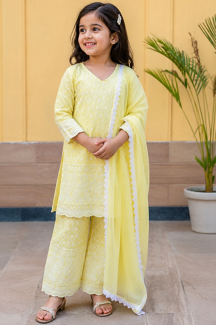 Lemon Cotton Chikankari Kurta Set For Girls by House Of Jamoti Kids at Pernia's Pop Up Shop