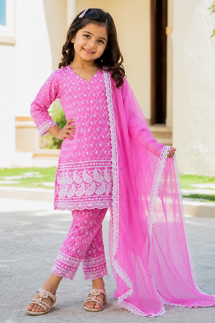 Neon Pink Cotton Chikankari Kurta Set For Girls by House Of Jamoti Kids at Pernia's Pop Up Shop
