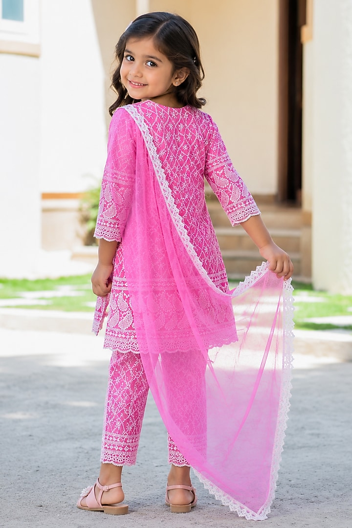 Neon Pink Cotton Chikankari Kurta Set For Girls by House Of Jamoti Kids at Pernia's Pop Up Shop