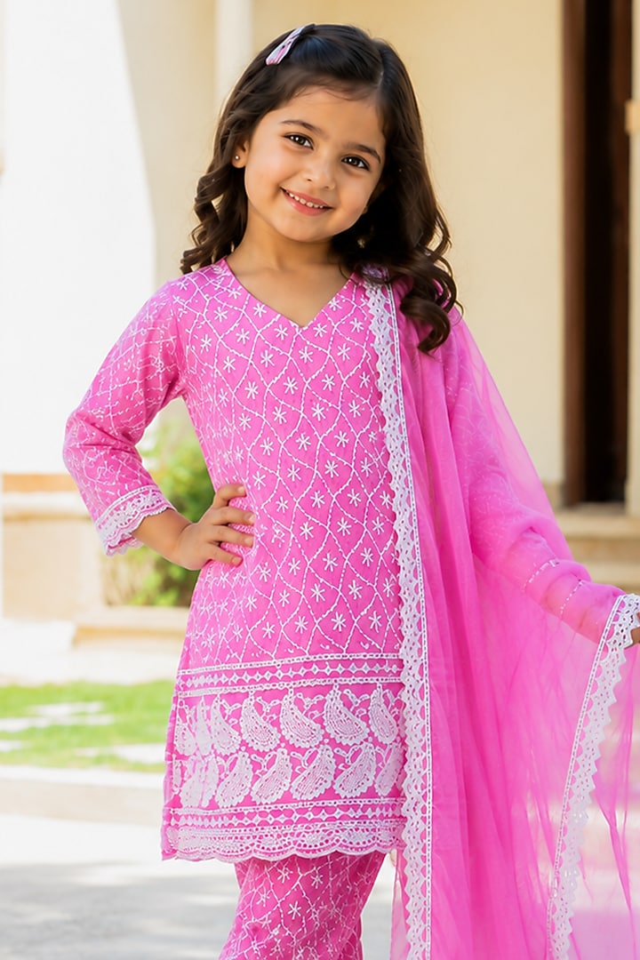 Neon Pink Cotton Chikankari Kurta Set For Girls by House Of Jamoti Kids at Pernia's Pop Up Shop