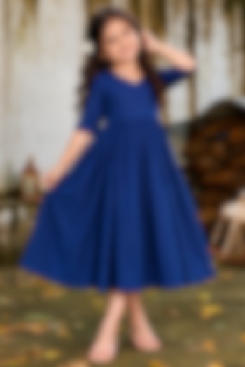 Navy Blue Linen Dress For Girls by House Of Jamoti Kids at Pernia's Pop Up Shop