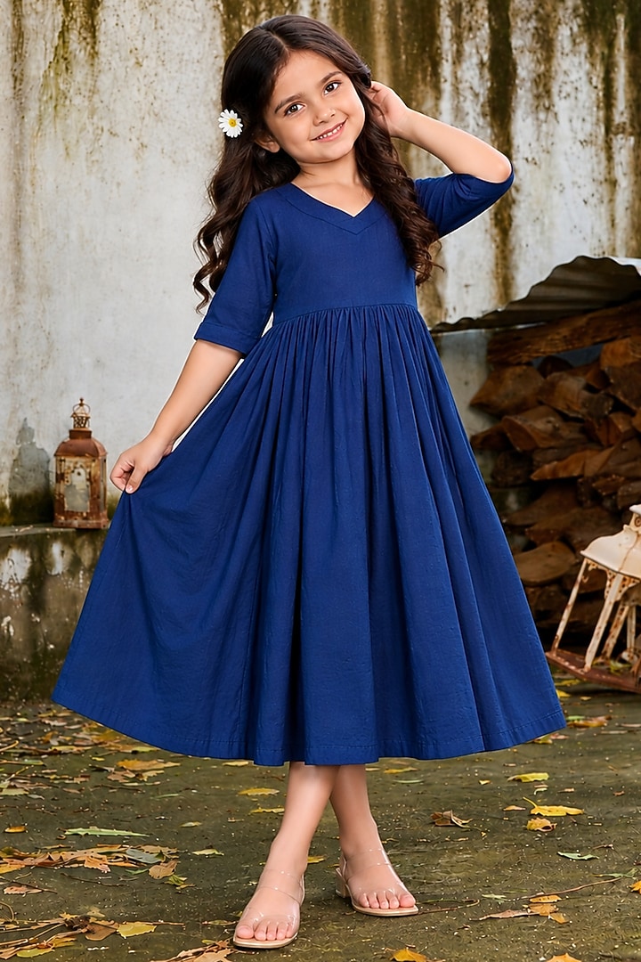 Navy Blue Linen Dress For Girls by House Of Jamoti Kids at Pernia's Pop Up Shop