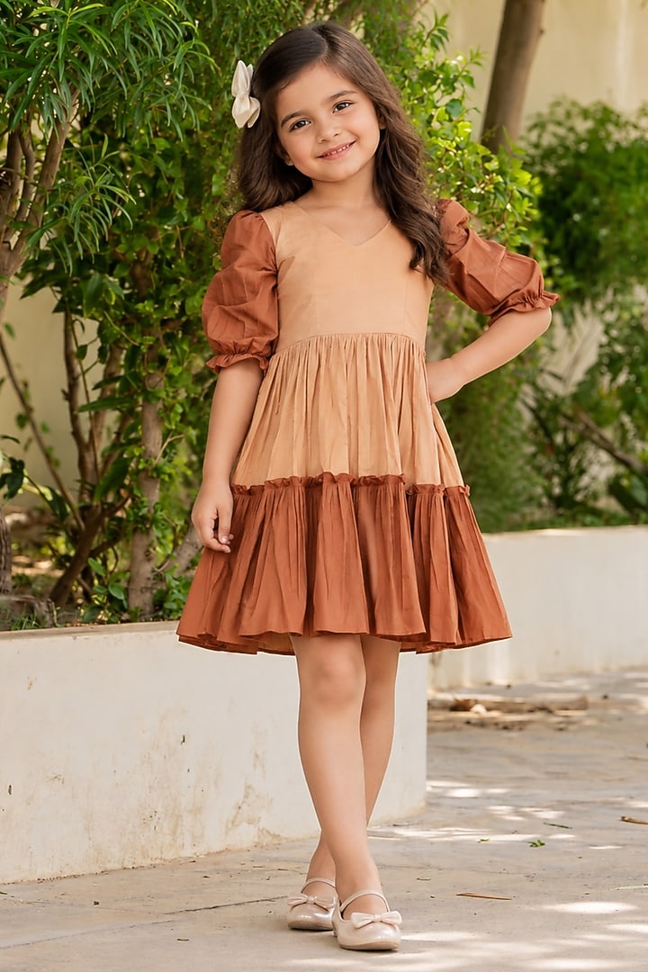 Brown Cotton Dress For Girls by House Of Jamoti Kids at Pernia's Pop Up Shop