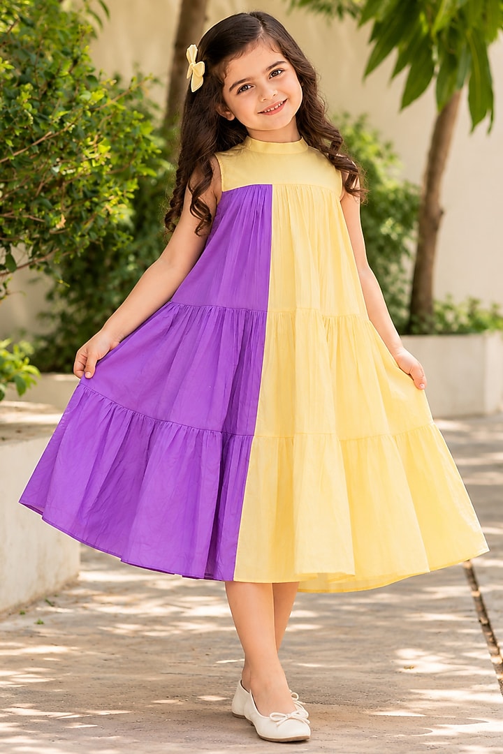 Yellow & Purple Cotton Dress For Girls by House Of Jamoti Kids at Pernia's Pop Up Shop