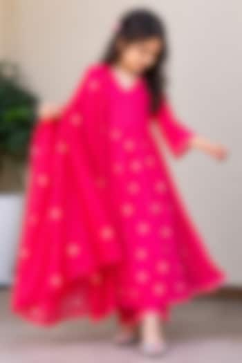 Hot Pink Upada Silk Pearl Embroidered Kurta Set For Girls by House Of Jamoti Kids at Pernia's Pop Up Shop