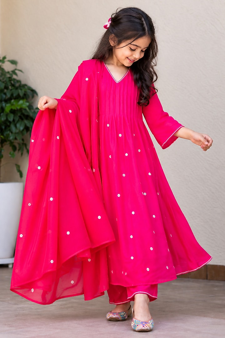 Hot Pink Upada Silk Pearl Embroidered Kurta Set For Girls by House Of Jamoti Kids at Pernia's Pop Up Shop
