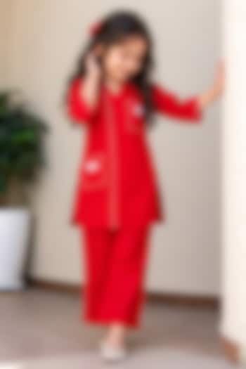 Red Cotton Embroidered Kurta Set For Girls by House Of Jamoti Kids at Pernia's Pop Up Shop