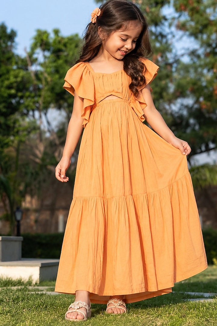 Brown Cotton Ruffled Dress For Girls by House Of Jamoti Kids at Pernia's Pop Up Shop