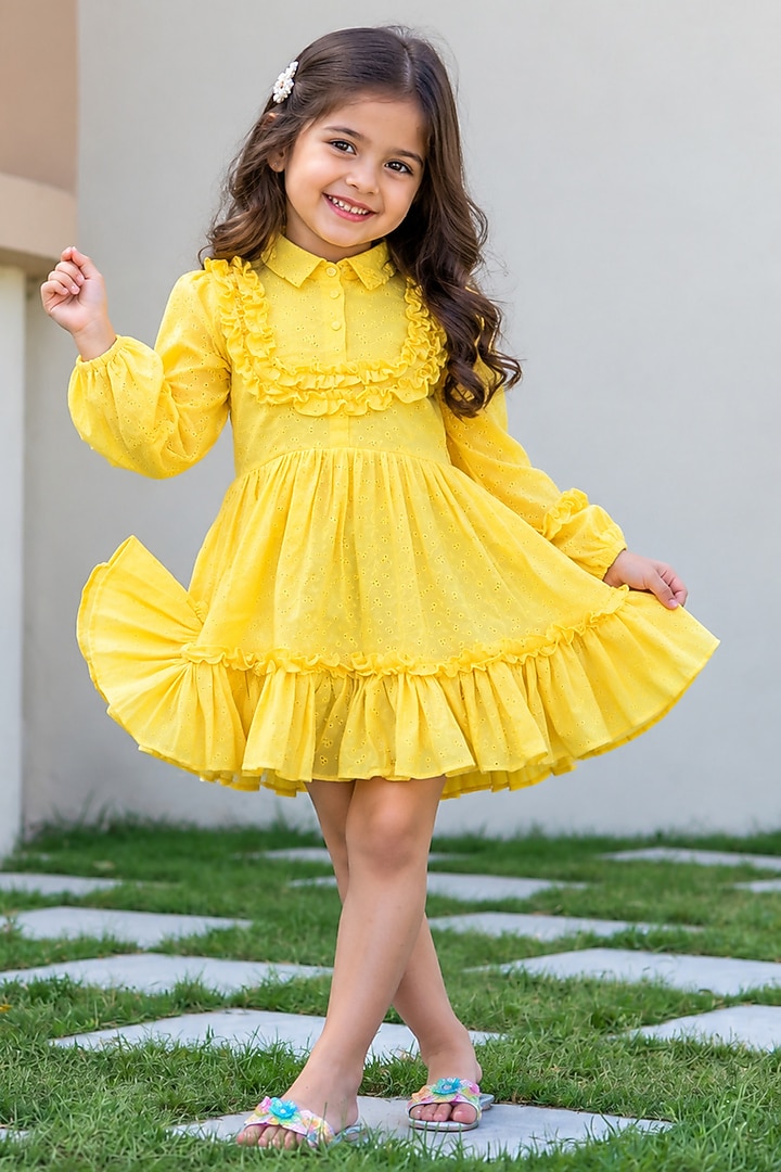Yellow Cotton Ruffled Dress For Girls by House Of Jamoti Kids at Pernia's Pop Up Shop