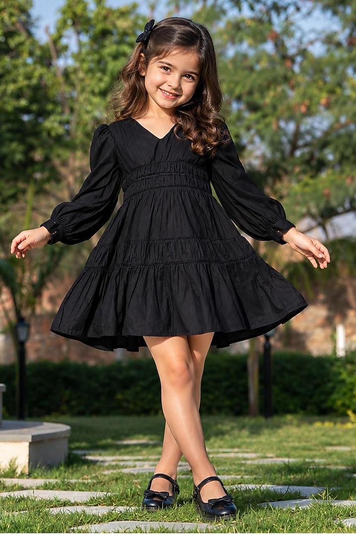 Black Cotton Pleated Dress For Girls by House Of Jamoti Kids at Pernia's Pop Up Shop