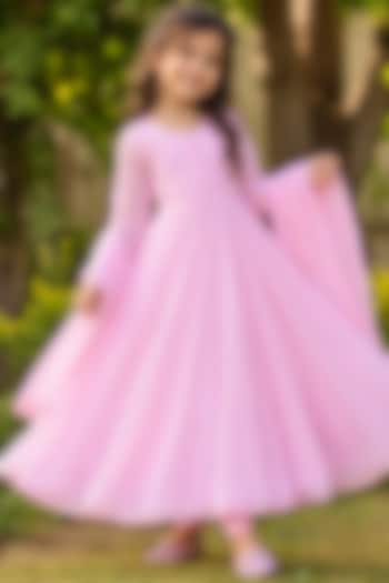 Pastel Pink Georgette Gota Lace Embellished Anarkali Set For Girls by House Of Jamoti Kids at Pernia's Pop Up Shop