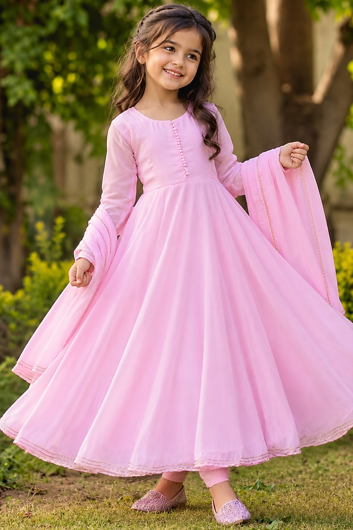 Pastel Pink Georgette Gota Lace Embellished Anarkali Set For Girls by House Of Jamoti Kids at Pernia's Pop Up Shop